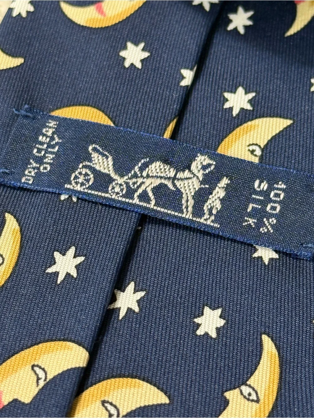 Vintage Hermes Silk Tie with Crescent Moon & Stars Pattern